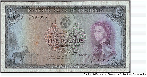 Rhodesia 1964 5 Pounds. Banknote