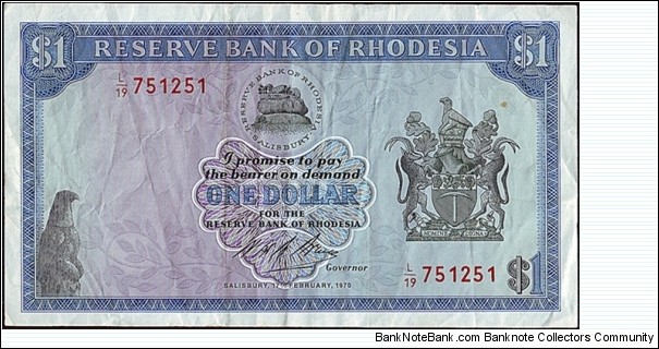 Rhodesia 1970 1 Dollar. Banknote