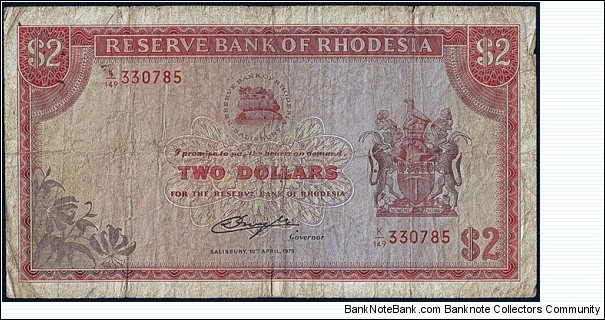 Rhodesia 1979 2 Dollars. Banknote