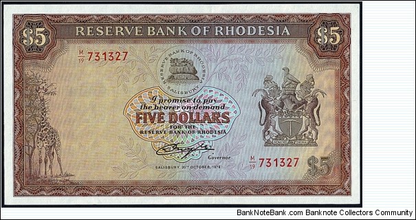 Rhodesia 1978 5 Dollars. Banknote