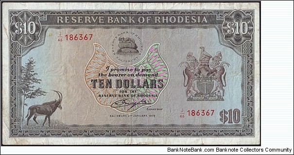 Rhodesia 1979 10 Dollars. Banknote