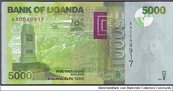 Uganda 2010 5,000 Shillings. Banknote