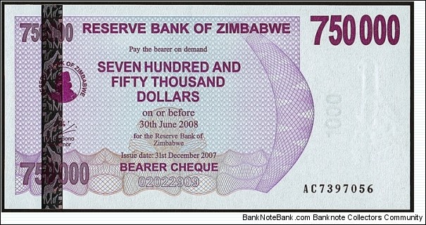 Zimbabwe 2007 750,000 Dollars Bearer Cheque.

This is the strangest denomination in the entire proper British Commonwealth. Banknote