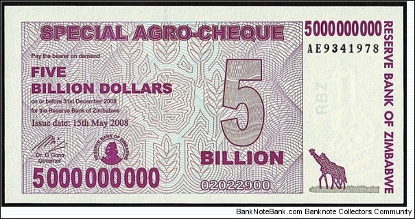 Zimbabwe 2008 5 Billion Dollars Special Agro-Cheque. Banknote