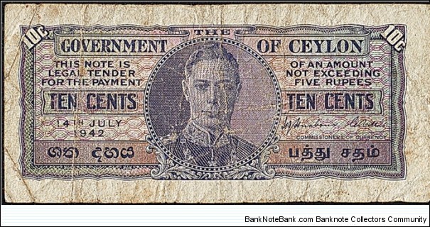 Ceylon 1942 10 Cents. Banknote