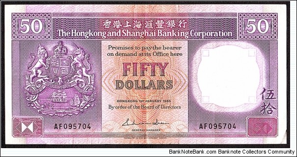 Hong Kong 1985 50 Dollars.

 Banknote
