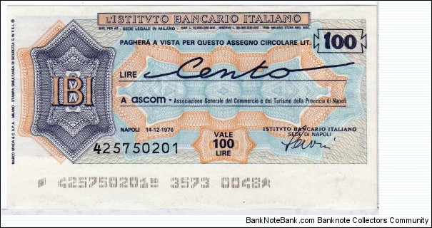 *Emergency Notes __ Local Mini-Check* __ 100 lire __Pk NL__Istituto Bancario Italiano __14.12.1976__Napoli Banknote