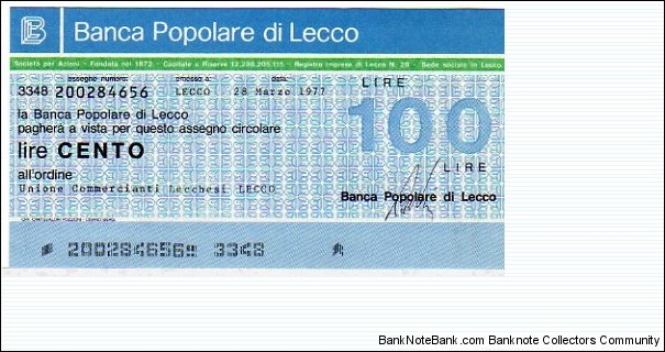 *Emergency Notes __ Local Mini-Check* __ 100 Lire__pk# NL__Banca Popolare di Lecco__28.03.1977__Lecco Banknote