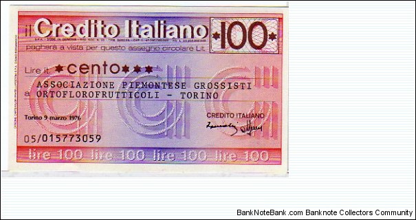 *Emergency Notes __ Local Mini-Check* __ 100 Lire__pk# NL__Il Credito Italiano__09.03.1976__Torino Banknote