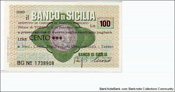 *Emergency Notes __ Local Mini-Check* __ 100 Lire__pk# NL__Il Banco di Sicilia__14.02.1977__Torino Banknote
