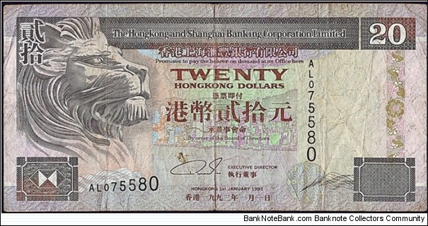 Hong Kong 1993 20 Dollars. Banknote