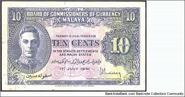 Malaya 1941 10 Cents. Banknote