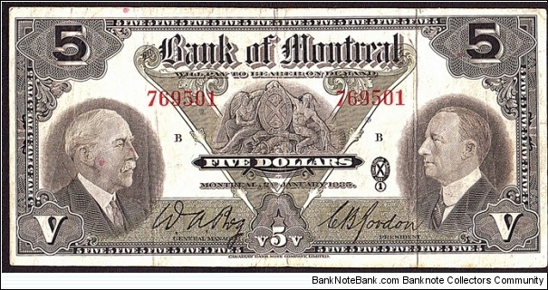 Quebec 1935 5 Dollars. Banknote