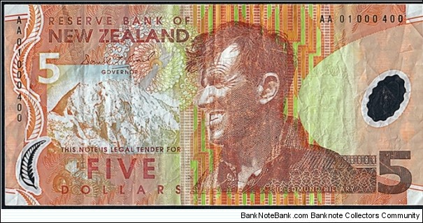 New Zealand 2001 5 Dollars.

Very low serial number.

Pulled from circulation. Banknote