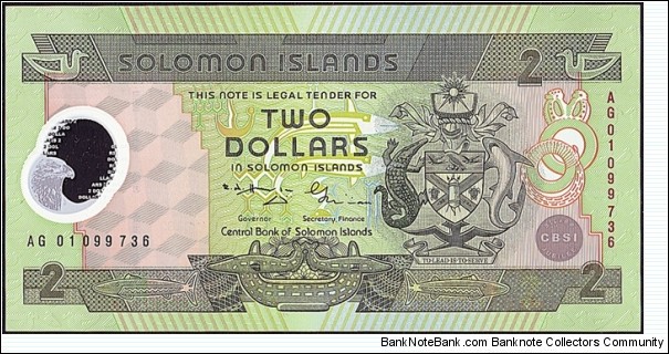 Solomon Islands 2001 2 Dollars.

25 Years of the Central Bank of the Solomon Islands.

This is the only Solomon Islands polymer plastic note. Banknote