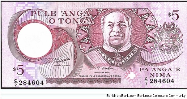 Tonga N.D. 5 Pa'anga.

Serial numbers misaligned with the left one lower than the right one. Banknote