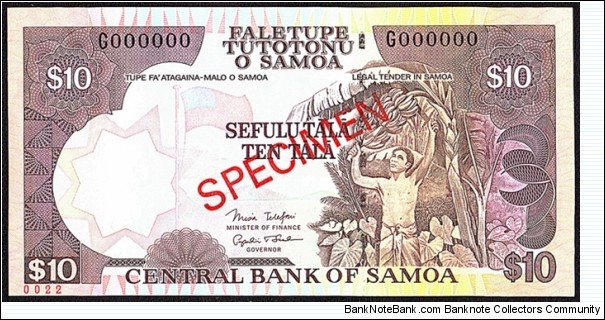 Western Samoa N.D. 10 Tala.

Specimen note. Banknote