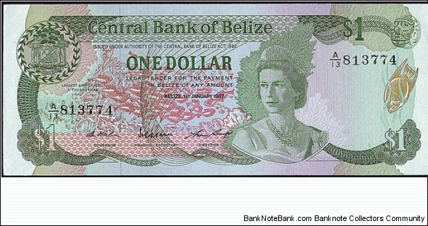 Belize 1987 1 Dollar. Banknote