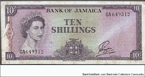 Jamaica N.D. (1964) 10 Shillings. Banknote