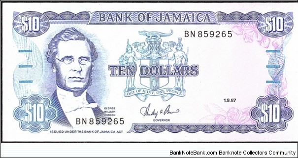 Jamaica 1987 10 Dollars. Banknote