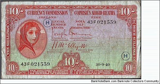 Ireland 1940 H 10 Shillings. Banknote