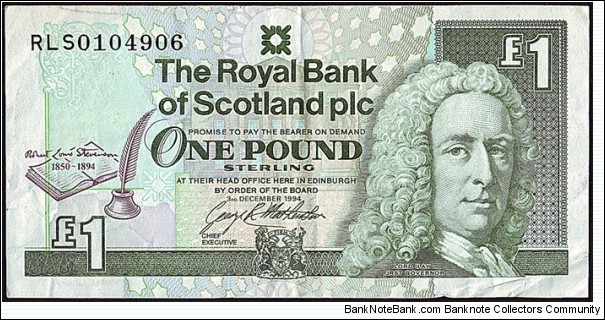 Scotland 1994 1 Pound.

Death Centenary of Robert Louis Stevenson. Banknote