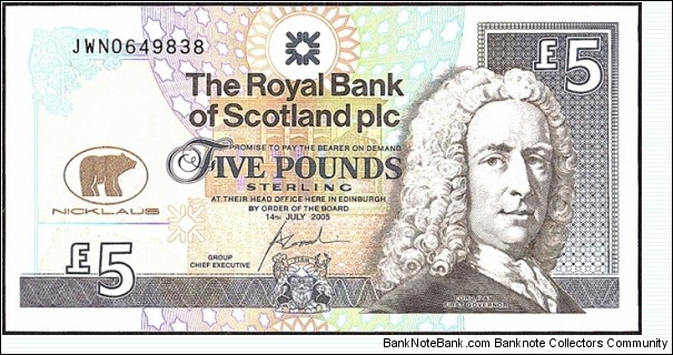Scotland 2005 5 Pounds.

Jack Nicklaus commemorative. Banknote