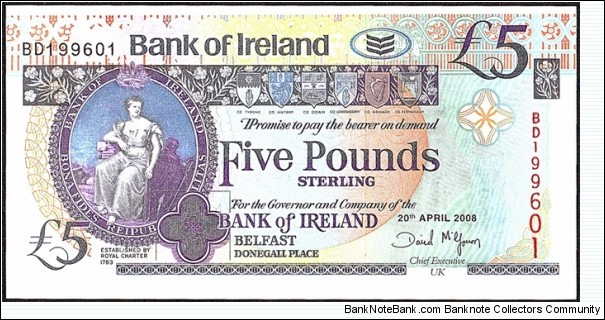 Ulster (Northern Ireland) 2008 5 Pounds.

Old Bushmills Distillery commemorative. Banknote