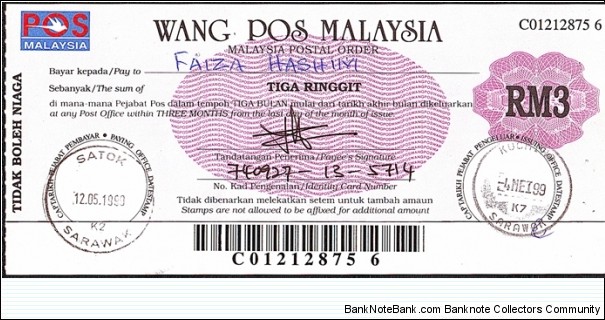 Sarawak 1999 3 Ringgit postal order. Banknote