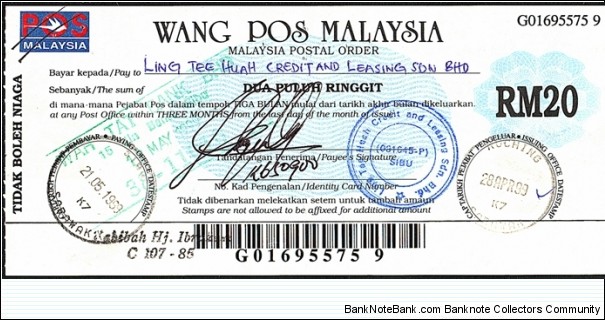 Sarawak 1999 20 Ringgit postal order. Banknote