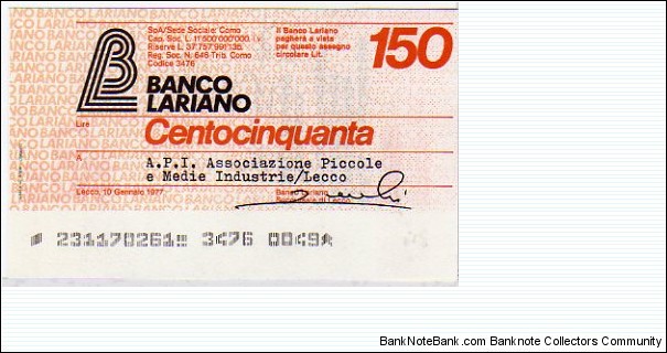 *Emergency Notes __ Local Mini-Check* __ 150 Lire__pk# NL__ Banco Lariano __10.01.1977__ Lecco Banknote