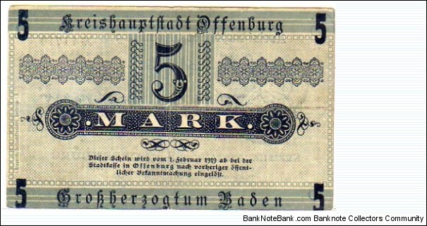 *NOTGELD*__5 Mark__pk# NL__Offenburg__01.02.1919 Banknote