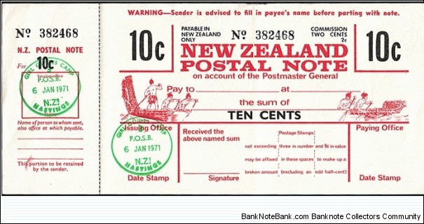 New Zealand 1971 10 Cents postal note. Banknote