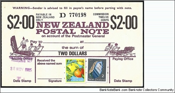 New Zealand 1985 2 Dollars postal note.

A numismatic souvenir of my home town - Wanganui. Banknote