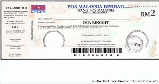 Johore 2009 2 Ringgit postal order. Banknote