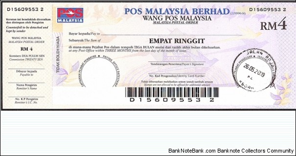 Kedah 2009 4 Ringgit postal order. Banknote