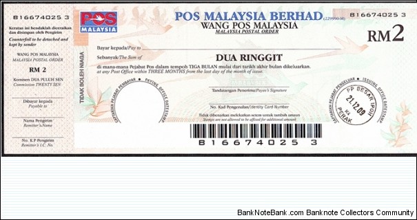 Perak 2009 2 Ringgit postal order. Banknote