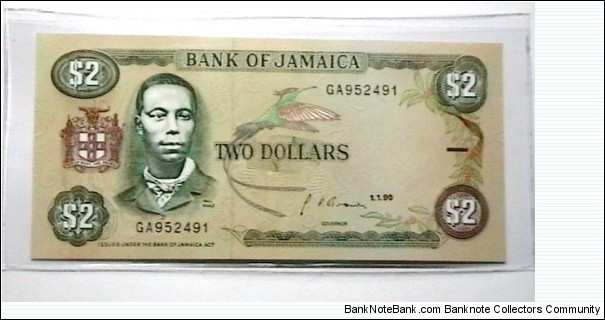 Jamaica 1990 2 Dollars D-Serie KP# 69  Banknote