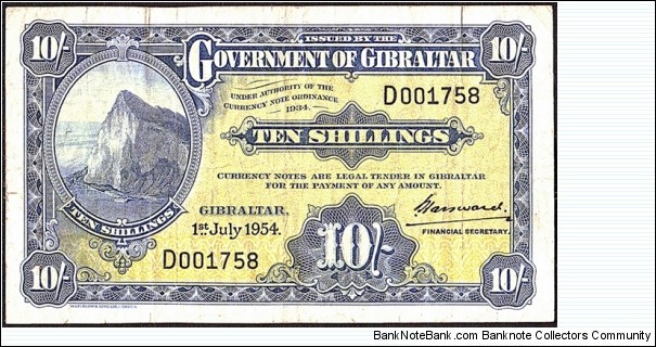 Gibraltar 1954 10 Shillings. Banknote