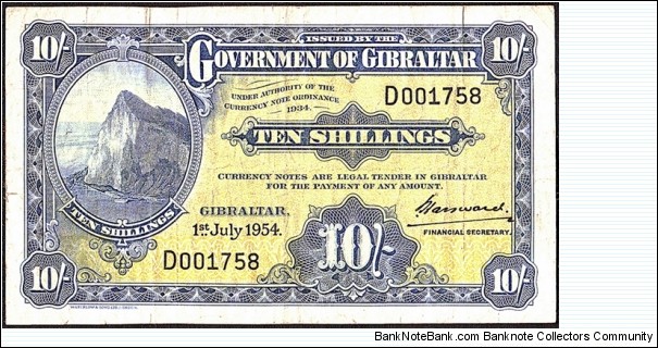 Gibraltar 1954 10 Shillings. Banknote