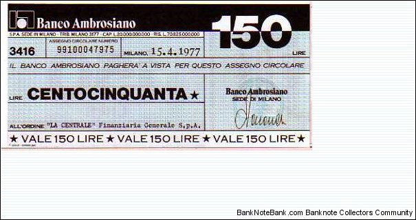 *Emergency Notes __ Local Mini-Check* __ 150 Lire__pk# NL__Banco Ambrosiano__15.04-1977__Milano Banknote