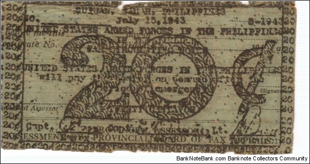 SMR-423 RARE Guiuan, Samar Province 20 centavos note. Banknote