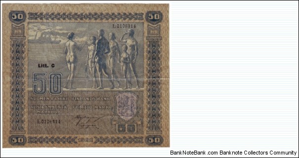 50 markkaa Litt.C Serie L 
Notes size 136 X 119mm (inc 5,354 X 4,685)
This note is made of 08.10.-10.10. 1940
  Banknote
