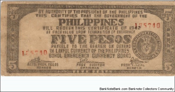 S-136h Bohol Five Peso note. Banknote