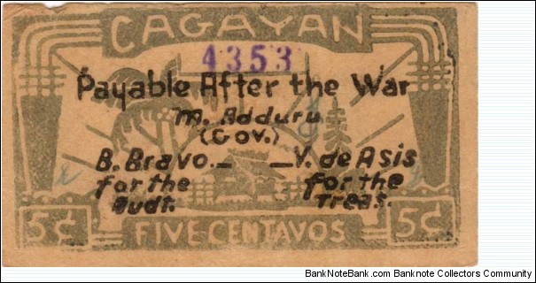 S-178a Cagayan 5 centavo note with black text. Banknote