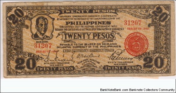 S-224b Cebu 20 Peso note with Pen countersign of Bando and Macrohon, facsmile signature of Elizalde. Banknote