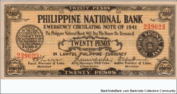 S-218a Cebu 20 Pesos note. Banknote