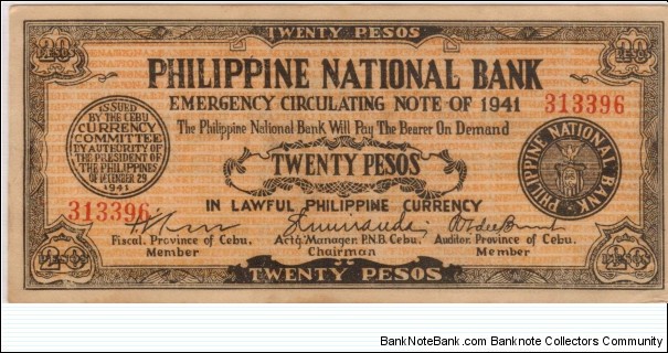 S-220 Cebu 20 Pesos note. Banknote