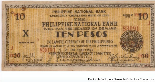 S-627x Negros Occidental 10 Pesos Counterfeit note. Banknote