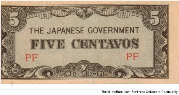 PI-103a Philippine 5 centavos note under Japan rule, block letters PF. Banknote